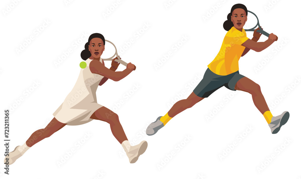 Two girl figures of a dark-skinned women's tennis player who strikes with a racket holding it with two hands Two girl figures of a dark-skinned women's tennis player who strikes with a racket holding it with two hands