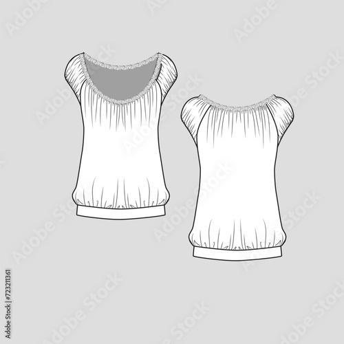 Gathering Top Wide Neck Elastic Gathering detail cap sleeve Fashion t shirt top blouse Tee Flat Sketch Technical Drawing Template Vector Design