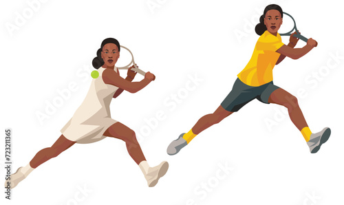 Two girl figures of a dark-skinned women's tennis player who strikes with a racket holding it with two hands