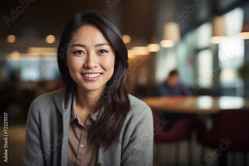 Beautiful Asian lady in casual clothing smiling in the city office smiling happily and confidently