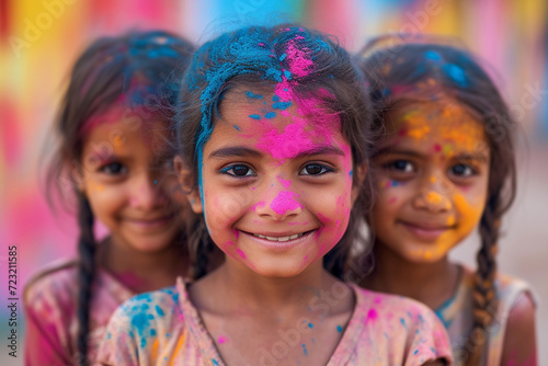 Three Indian girls celebrating Holi festival with traditional dresses and ornaments