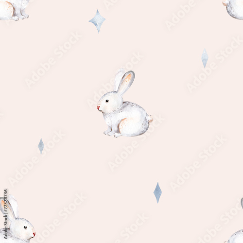 Cute baby rabbit animal seamless pattern, forest illustration for children clothing. Woodland watercolor Hand drawn boho image for cases design, nursery poster