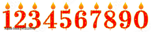 Set of number candles for birthday cake. Red candles with gold decor. Vector. photo