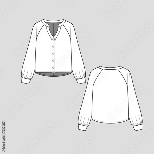Henley neck Raglan top button panel placket high low dip hem long sleeve with cuffs  t shirt top blouse  fashion flat sketch technical drawing template design vector