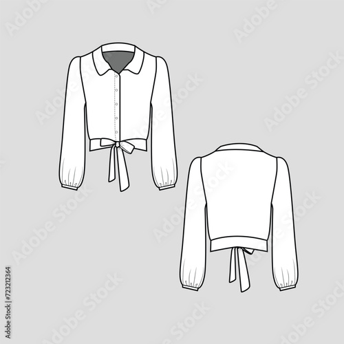 Knotted Collar neck t shirt  top button panel knot tie hem long gathering sleeve  fashion blouse clothing flat sketch technical drawing template design vector