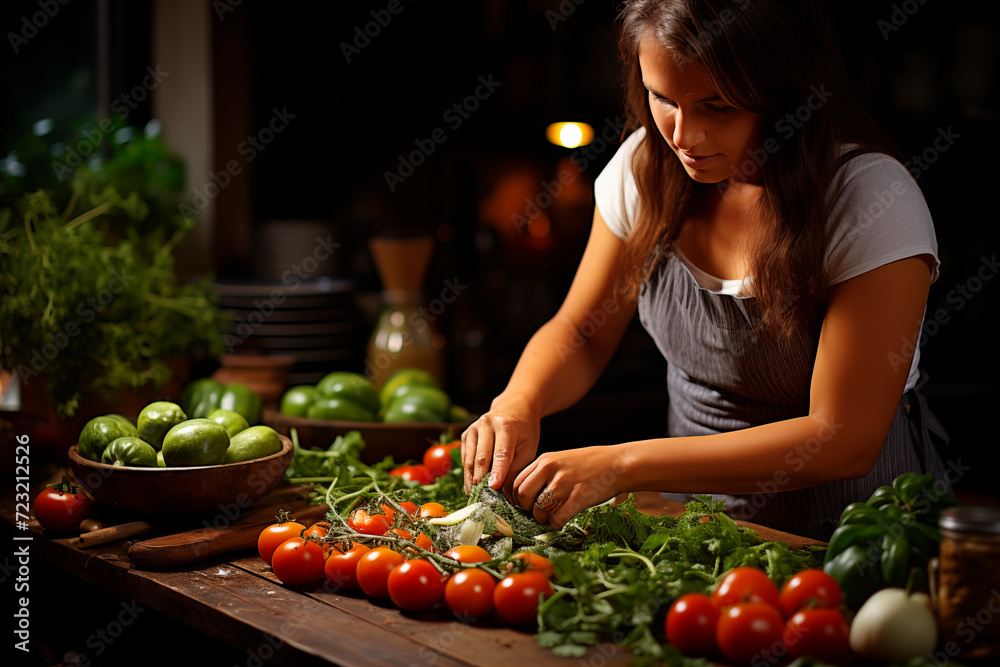 Cook preparing vegetable ingredients to prepare a dish Cook preparing vegetable ingredients to prepare a dish