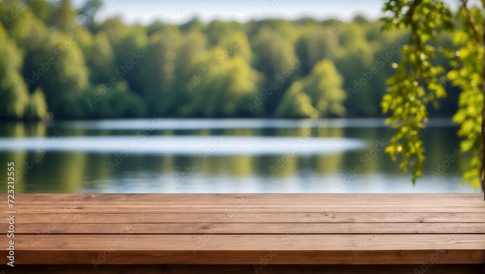 Empty wooden table in the blurred lake backdrop . Product display ideas Empty wooden table in the blurred lake backdrop . Product display ideas