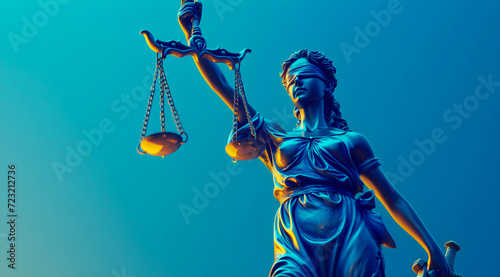 An imposing statue of Lady Justice, cast in a striking blue tone, holds the balanced scales of justice aloft against a calm gradient blue background photo