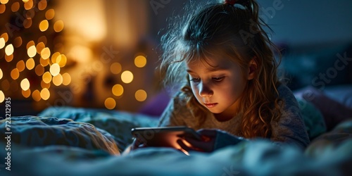 A child on their phone in bed at night, indulging in screen activities. Screen dependency in children. Nighttime in child's bedroom. photo