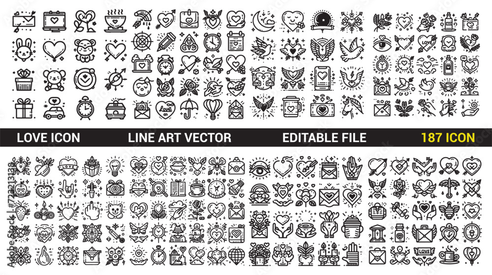 Love line art icons set collection on a white background are vector illustrations.