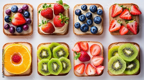 Vegetarian healthy sandwich with fresh fruits   top view on white table   diet breakfast