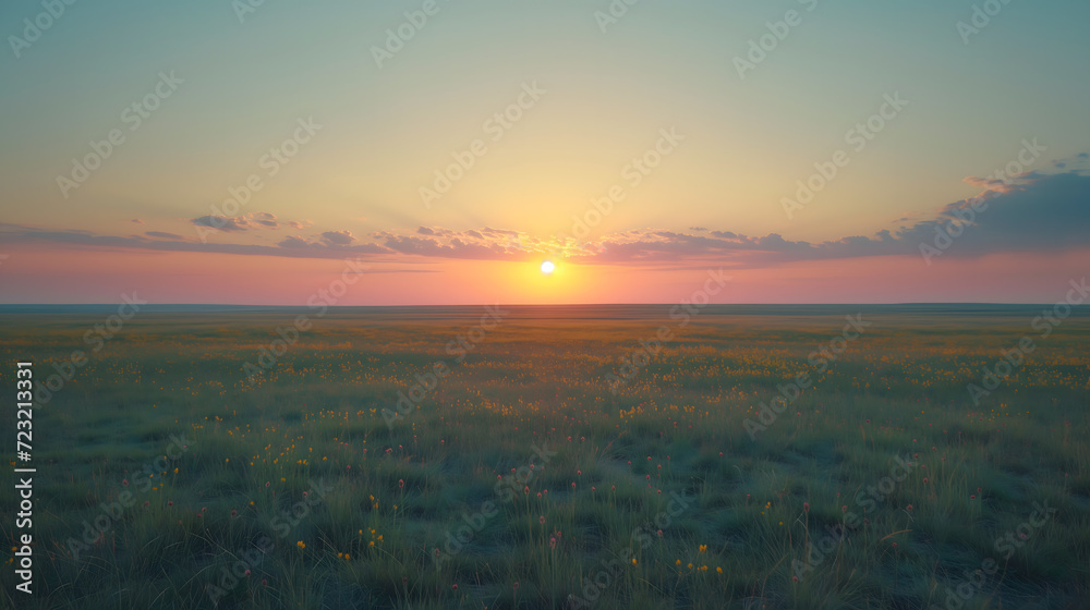 Fototapeta premium Soft sunset over a blooming wildflower prairie