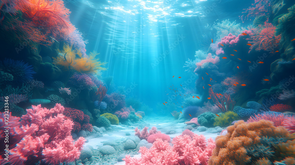 Sunlit diverse coral landscape underwater scene