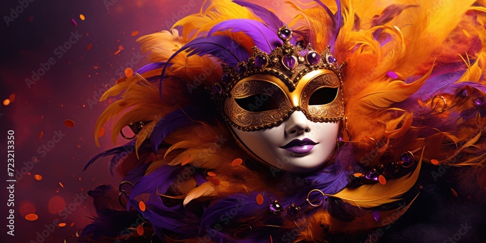 A festive background adorned with a Mardi Gras carnival mask, vibrant beads, and feathers.
