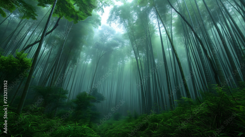 Ethereal mist shrouds a lush bamboo grove