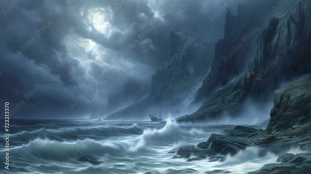 Stormy seascape with lightning and sailing ship Stormy seascape with lightning and sailing ship