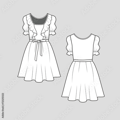 Knotted Ruffles peplum Short Sleeve Dress Waist Gathering knot tie Ruffle Sleeve hem fashion t shirt tunic top blouse Dresses Flat Sketch technical Drawing template design vector