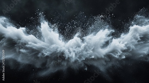 A broad horizontal design of white snow cloud explosion on a dark backdrop.