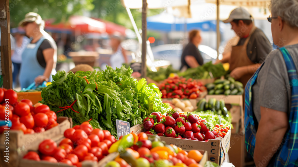 A bustling farmers market with stalls full of fresh produce and lively vendors.