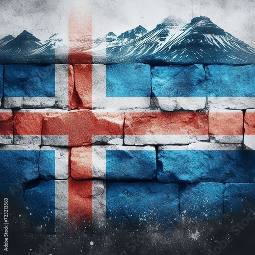 Iceland flag overlay on old granite brick and cement wall texture for background use photo