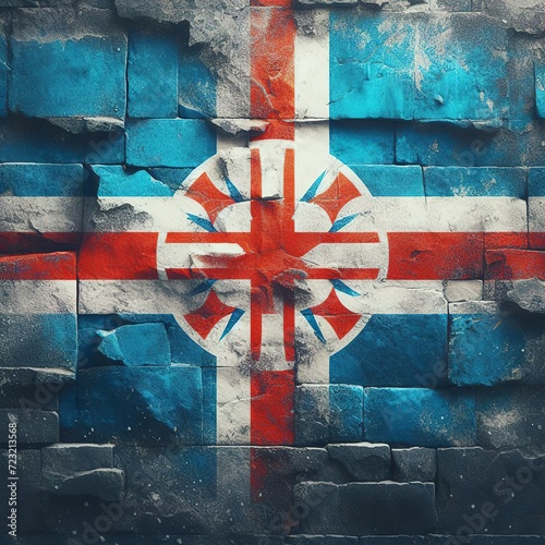 Iceland flag overlay on old granite brick and cement wall texture for background use