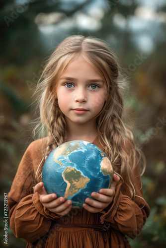 A child girl holding the planet earth. Save nature Earth day concept