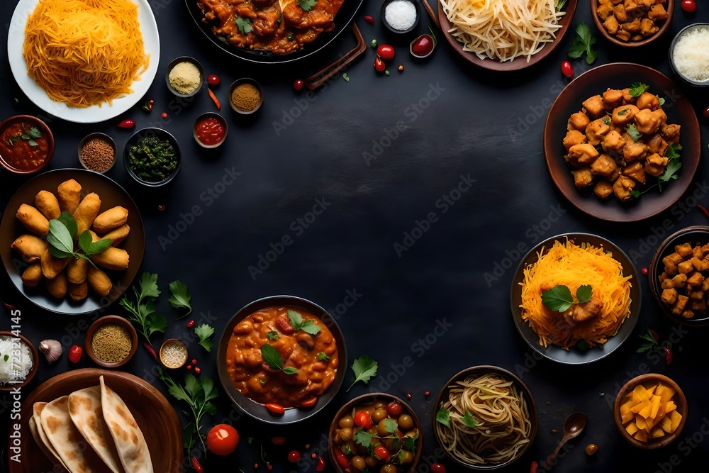 Assorted indian food on black background with copyspace