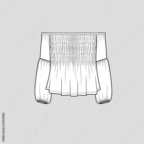 Off Shoulder Smocked Shirred lantern sleeve top smocking elastic gatherings detail fashion top t shirt blouse clothing flat sketch technical drawing template design vector