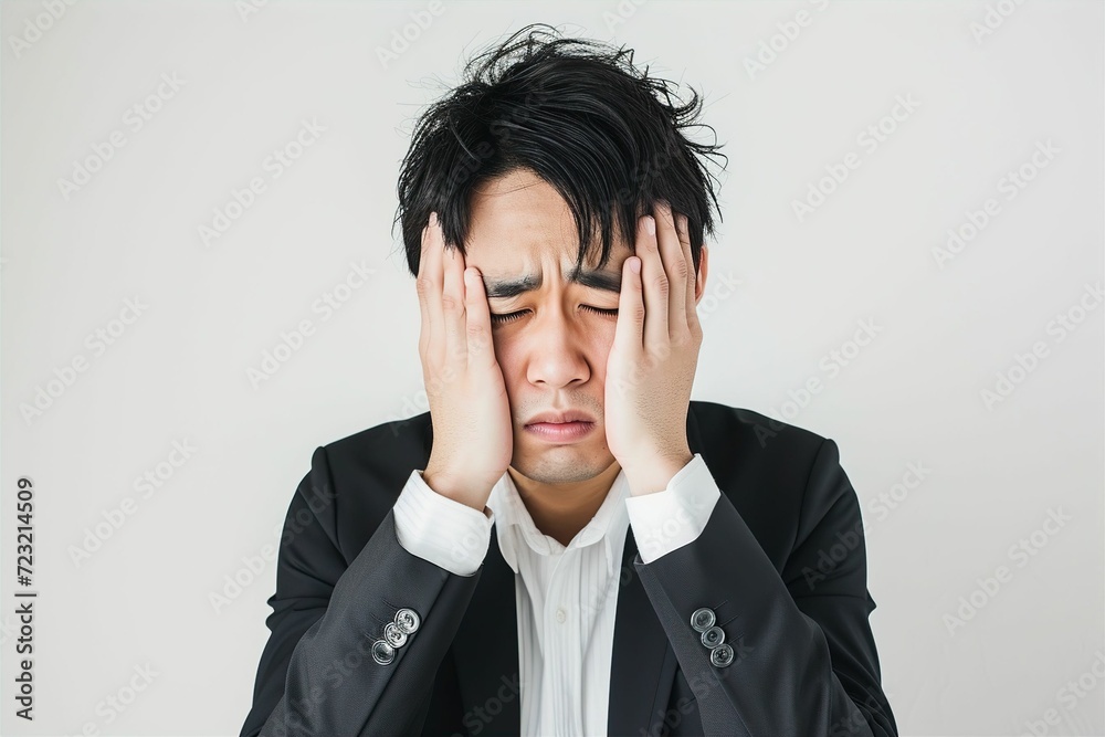 仕事で困って頭を抱えている日本人男性の会社員（残業・タスク・仕事量・ミス・バグ） 