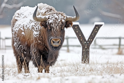 Isolated yak head with letter y on white background for design and education purposes