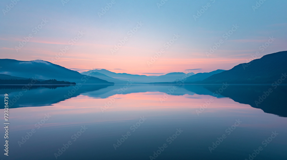 A calm lake reflecting the surrounding mountains and sky at dawn.