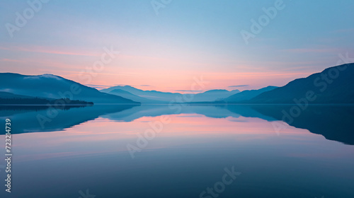 A calm lake reflecting the surrounding mountains and sky at dawn.