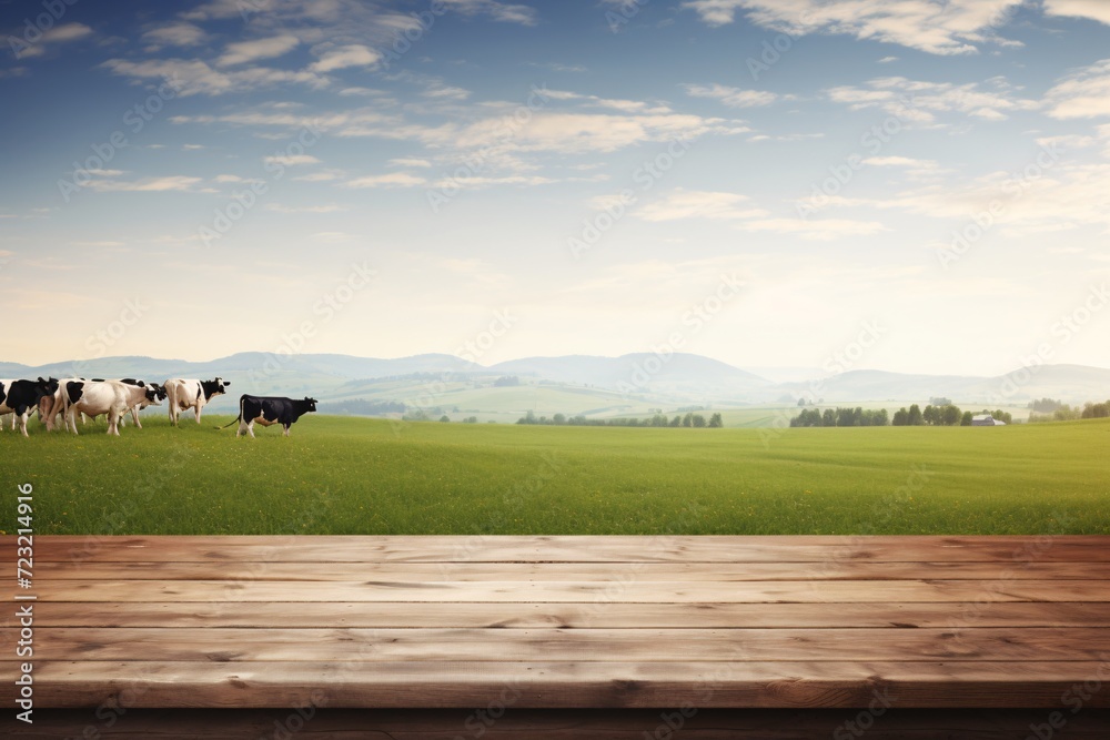 Obraz premium Vacant timber tabletop surrounded by pasture and cattle backdrop.
