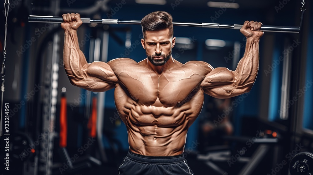 Young male bodybuilder posing and exercising in gym with copy space for text placement Young male bodybuilder posing and exercising in gym with copy space for text placement