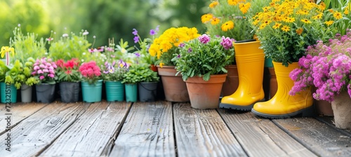 Fototapeta Naklejka Na Ścianę i Meble -  Sunny spring and summer garden background with flowerpots and yellow boots for gardening