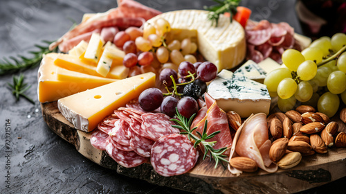 A cheese and charcuterie board with a selection of artisan cheeses cured meats nuts and fruits perfect for a wine pairing.