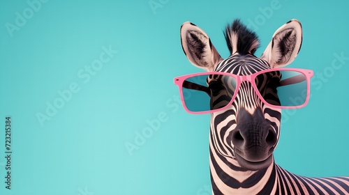 Cool, funny Zebra Wearing Sunglasses on Pastel blue Background