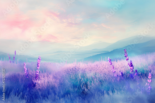 Soft and light pastel-colored painting of a beautiful lavender field with romantic blue  pink  and purple spring flowers  providing copy space for text. Ideal for creating a calming atmosphere