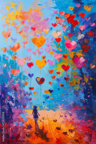 Journey of the Heart  A Solitary Figure Amidst a Whirlwind of Colorful Hearts in a Mystical Forest