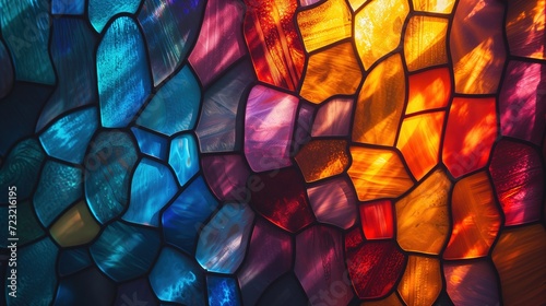 Artistic close-up of a stained glass mosaic, interlocking shapes in red and blue hues casting colorful light patterns photo