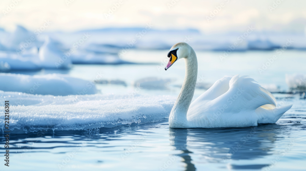 Swan swimming in cold ice water and snow in winter Swan swimming in cold ice water and snow in winter
