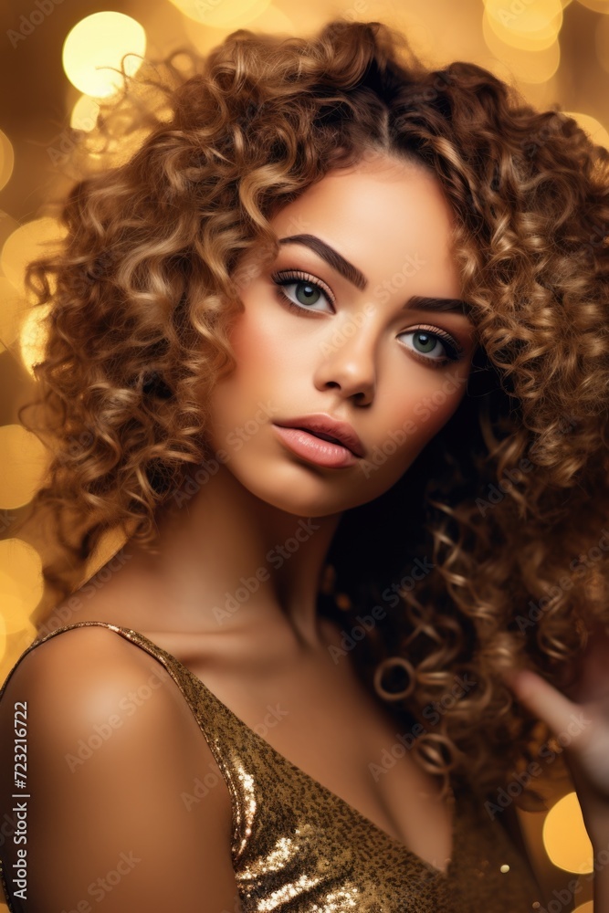 Fototapeta premium A woman with curly hair posing for a picture. Can be used for lifestyle, beauty, or fashion-related projects