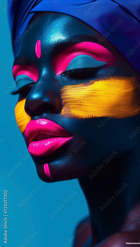 A bold and confident woman, with a vibrant lipstick smile, showcases her unique sense of fashion through her colorful makeup