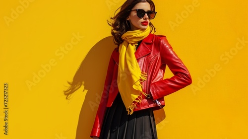 Fashionable Woman in Red Leather Jacket, Black Skirt, and Yellow Scarf