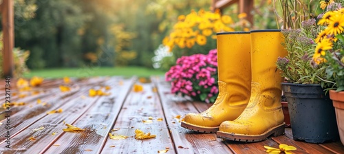 Sunny spring or summer garden with flowerpots and yellow boots gardening background photo