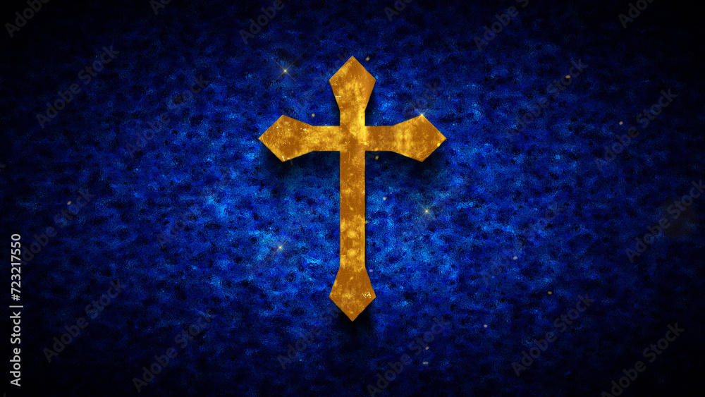 Cross Jesus Christianity Symbol Gold Texture On Dark Blue Shiny Grunge Subtle Grain Texture Effect Background