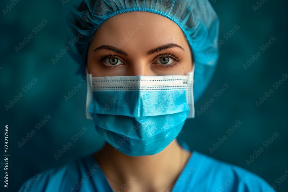 a woman doctor portrait in blue scrubs and surgical mask a woman doctor portrait in blue scrubs and surgical mask
