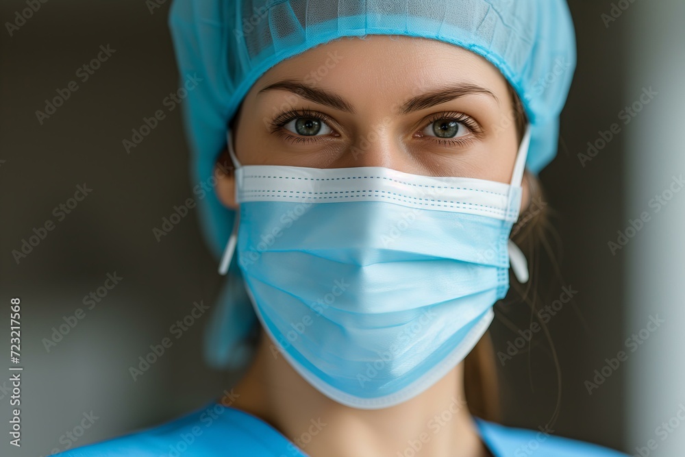 a woman doctor portrait in blue scrubs and surgical mask a woman doctor portrait in blue scrubs and surgical mask