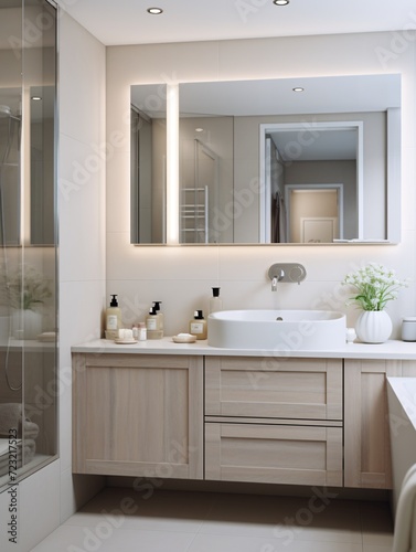 Bright bathroom with vanity  basin and looking glass.