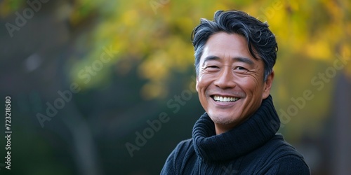 Middle-aged Asian gentleman donning dark pullover grinning joyfully glancing at the lens. photo